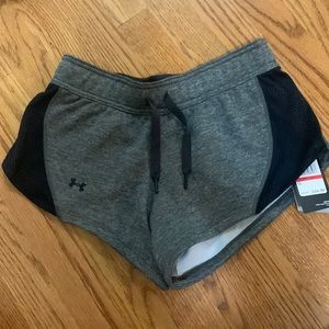 under armour grey and black shorts. soft comfy material